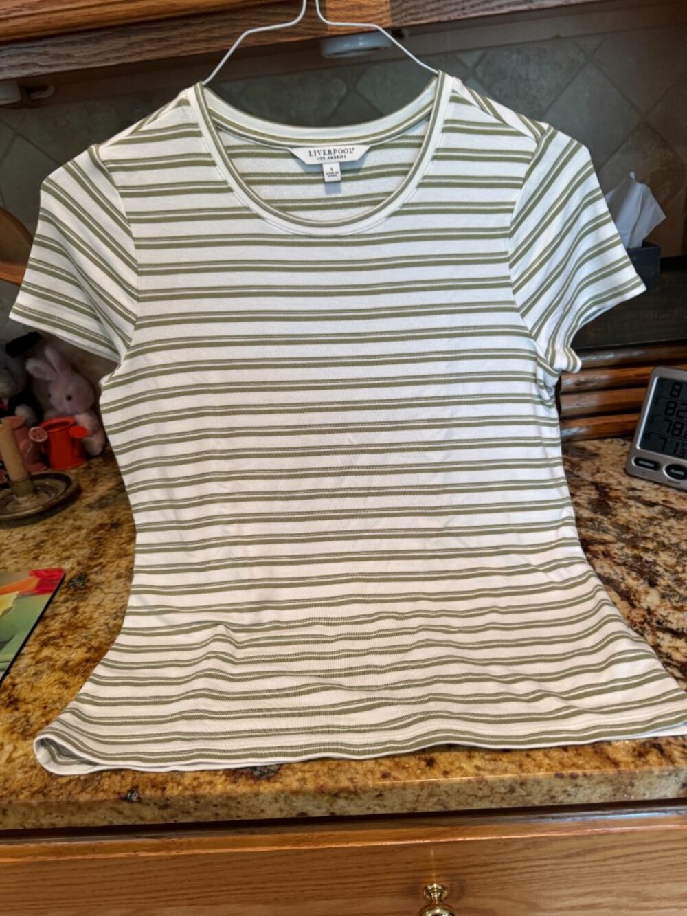 Liverpool Los Angeles Short Sleeve Striped Classic Pullover White & Olive Grn S - Picture 3 of 5